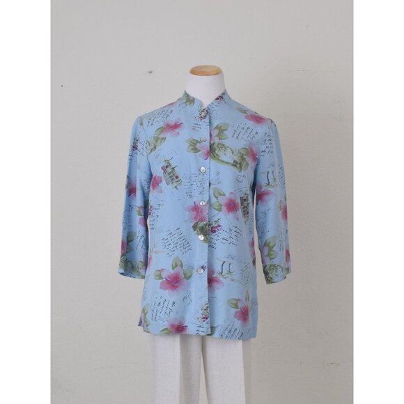Vintage 90s Blue Floral Print Blouse by AKS Amy K Su | size S - Picture 4 of 10